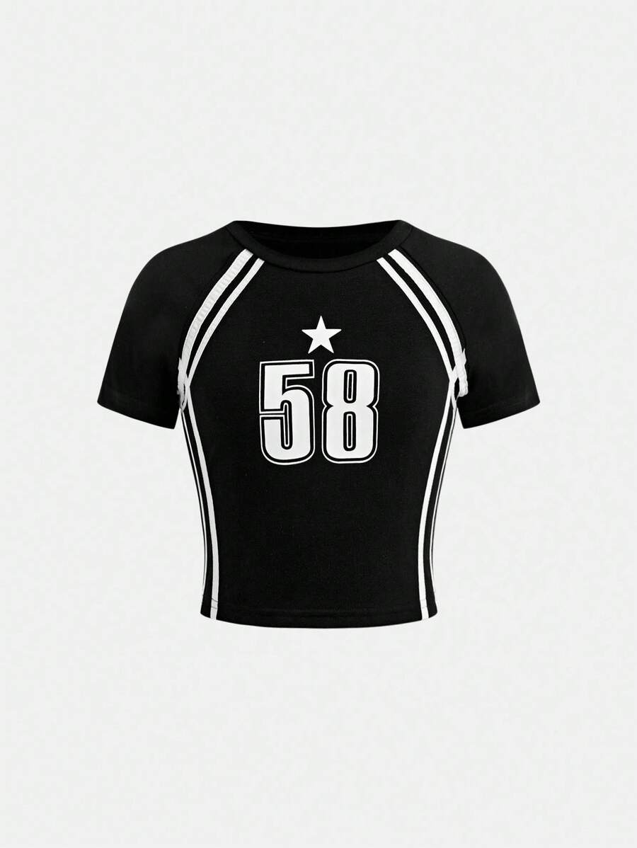 SHEIN Girlism Tween Girls 运动风格条纹和数字印花短袖 T 恤，适合日常休闲穿着 - 黑色 - 查看 1