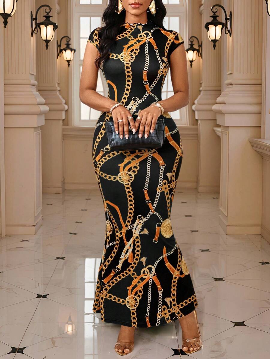 SHEIN Lady 女士优雅链条印花鱼尾下摆连衣裙 - 黑色 - 查看 1