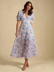 Enchnt Vestido midi elegante, romântico, azul, com decote em V, estampa floral, cintura marcada, manga curta, doce e elegante para férias, encontros, festas, formaturas, convidados de casamento e praia, vestido de baile, vestidos elegantes para festas - Azul - Ver 1