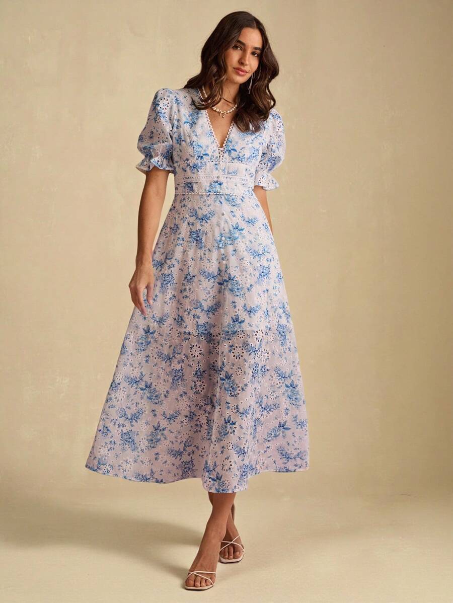 Enchnt Vestido midi elegante, romântico, azul, com decote em V, estampa floral, cintura marcada, manga curta, doce e elegante para férias, encontros, festas, formaturas, convidados de casamento e praia, vestido de baile, vestidos elegantes para festas - Azul - Ver 1