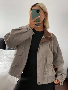 Livesso Jaqueta feminina casual folgada com gola lapela e bolsos grandes. - Castanho - Ver 3