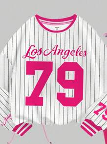 SHEIN 2 件套年轻女孩休闲运动衫套装，“洛杉矶”79 号图案印花条纹圆领长袖运动衫和紧身裤，适合秋冬季，年轻女孩服装 - 彩色 - 查看 6