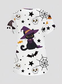 PopScrub Women's White V-Neck Short Sleeve Double Pocket Cute Witch, Cat, Candy Pumpkin, Spider Print Nurse/Doctor Work Uniform Top/Health Check Surgery Uniform/Solid Color Pet Grooming Work Uniform Top/Nutritionist Work Uniform Short Sleeve/Multi-Pocket Functional Lab Work Uniform, Functional Women's Holiday Costume, Women's Top, Summer Women's Top, Halloween Women's Top