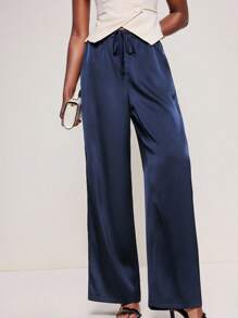 BizChic 2025 秋冬海军蓝色女式松紧腰可调节抽绳裤，缎面纹理，百搭，适合商务、休闲、办公室、约会、派对、机场、浪漫、乡村音乐节、复古、韩国、机场、婚礼嘉宾、生日、万圣节、圣诞节 - 藍色 - 查看 3