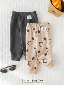 Cozy Pixies Set de 2 pantalones elásticos de cintura suave con estampado de estrellas y osos para bebé niño - Caqui - Ver 1