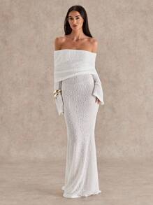 Glamine Váy dạ hội gợi cảm cho nữ, thời trang gợi cảm, màu trơn, bán trong suốt, tay dài một bên vai, váy len maxi, màu trắng - trắng - Xem 7