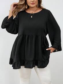 SHEIN CURVE+ 加大码纯色荷叶边下摆套头衫，适合女士休闲外出秋季服装、冬季服装、CURVE PLUS - 黑色 - 查看 5