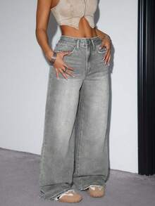 EURMUSE 女士宽松直筒蓝色牛仔裤、阔腿女裤、宽松女裤、女士牛仔裤 - 灰色 - 查看 7