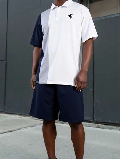 SHEIN Teen Boy Loose Casual Color Block Knitted Short Sleeve Polo Shirt Set With Turn-Down Collar