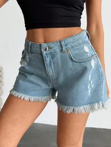 EURMUSE Low Waist Ripped Snow Wash Denim Short - Medium Wash - View 4