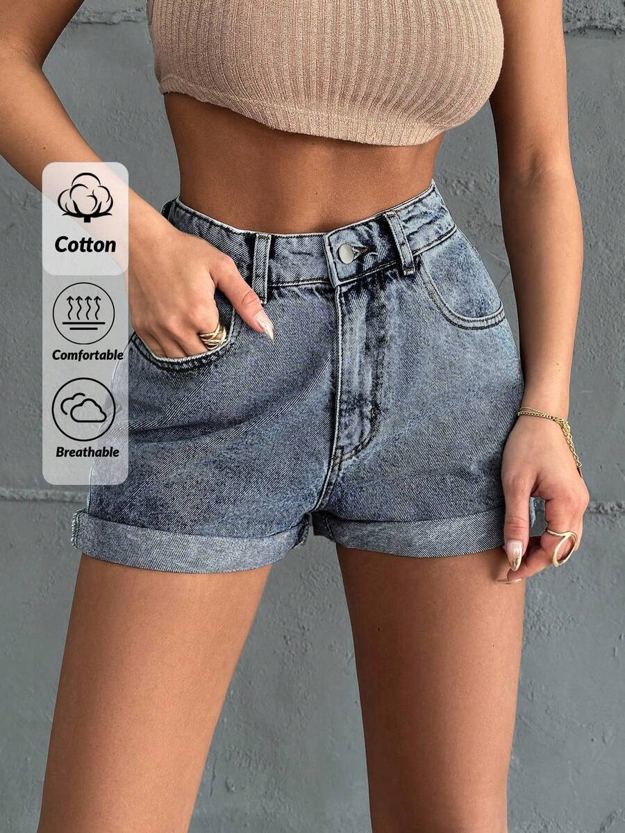 EURMUSE Mini Medium Wash Short Fold Up Detail With Back Label - Medium Wash - View 1