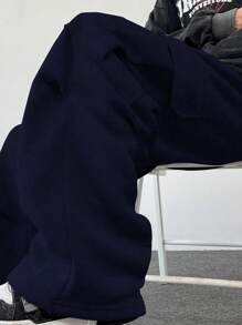 Claim Dot 男士纯色抽绳腰带口袋阔腿休闲运动裤 - 藏蓝色 - 查看 3