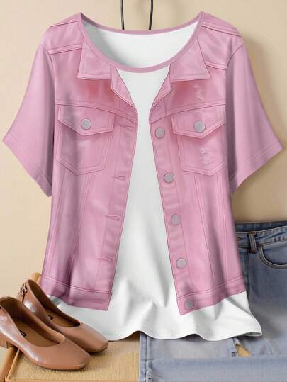 EMERY ROSE 大码仿牛仔夹克设计休闲女式圆领短袖 T 恤