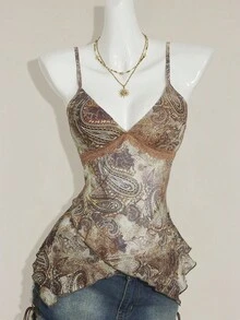 SHEIN ICON Áo hai dây họa tiết Paisley cổ điển dành cho nữ mùa hè - Màu Khaki - Xem 4