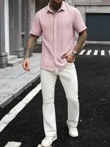 Manfinity CasualCool 白色仿亚麻领短袖衬衫亚麻男士衬衫男士衬衫纽扣玫瑰衬衫男士粉色亚麻衬衫男士杏色衬衫