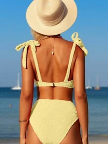 Swim Mod Women's Solid Yellow Shoulder Knot Sexy Bikini Set For Summer Beach, Bathing Suit