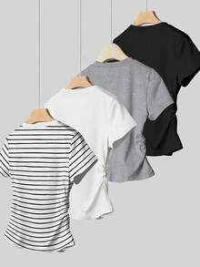 Áo thun nữ cổ tròn tay ngắn xếp ly đa năng thường ngày - màu đen - Xem 2