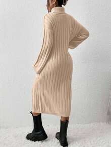 EURMUSE High Neck Drop Shoulder Sleeve Sweater Dress With Split Hem, No Belt Included - Mocha Brown - View 2