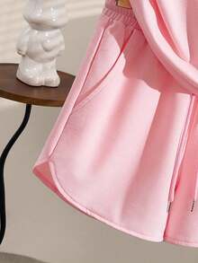 Teenager Mädchen Set aus locker sitzendem rosa Kurzarm T-Shirt und Shorts, lässiger Sportstil für den täglichen Gebrauch, Treffen mit Freunden, Café, Pendeln, entspannte Unternehmungen - Babypink - Übersicht 4