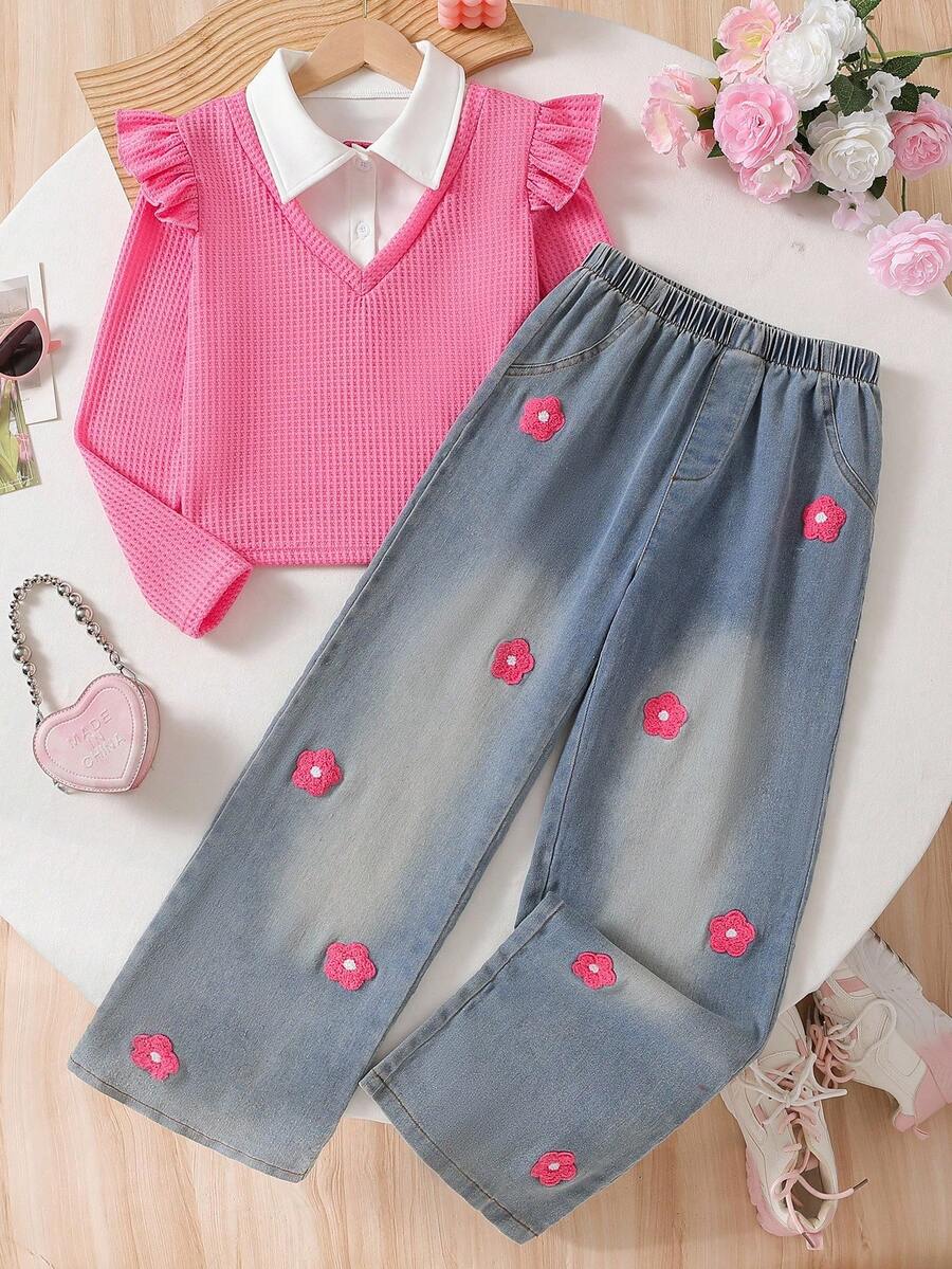 2 件套幼儿女童甜美公主风格服装,Polo 领纹理针织上衣 + 韩式刺绣花卉牛仔裤,时尚休闲运动学院风套装,适合度假、旅行、返校、所有季节 - 玫紅色 - 查看 1