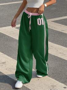 SHEIN EZwear 加大码橄榄绿拼布撞色字母印花裤，Y2k 休闲装 - 墨綠色 - 查看 4