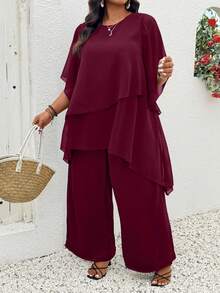 SHEIN CURVE+ 休闲大码勃艮第酒红色半袖长裤套装宽松大码两件套大码两件套大码女装两件套曲线裤套装 - 酒紅色 - 查看 5