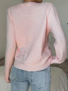 SHEIN CovetEZ 女士柔粉色蝴蝶结单排扣开衫，适合秋冬季 - 粉色 - 查看 3