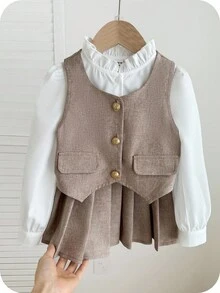 SHEIN Elegancka kamizelka dla młodej dziewczyny ze złotymi guzikami, koszula z falbaniastym kołnierzykiem i uniwersalna plisowana spódnica, odpowiednia na jesień/zimę, na imprezę i na co dzień - Wielokolorowe - Zobacz 6