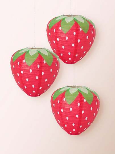 3pcs Red/Pink Strawberry Shaped Paper Lanterns, Party Decorations For Birthday, Festival, Hanging Lanterns