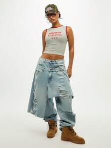 SUMWON WOMEN 女士运动夏季短款背心 学院风 美观健身号码运动衫 都市街头风 破洞嘻哈 Y2K 背心 - 灰色 - 查看 3