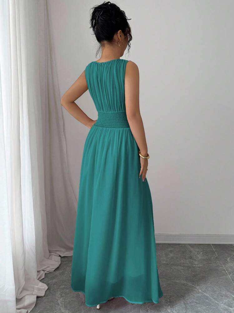 Elenzga Women's Casual Elegant Chiffon Maxi Dress, Romantic Vintage Style, Suitable For Beach, Afternoon Tea, Party, Wedding, Commuting, Sleeveless, Drawstring Waist, Pleated Back, Lined, Spring/Summer - Teal Blue - View 2
