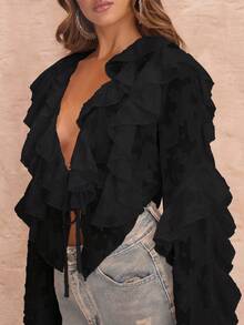 SHEIN BAE 女士白色长袖系带荷叶边透明衬衫，度假衬衫，荷叶边衬衫 - 黑色 - 查看 7