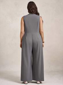 Zelara Plus Size Grey Solid Sleeveless Jumpsuit For Summer,Casual Bussines Semi Formal Work Clothes,Women Lapel Button Stretchy Homecoming Professional Sets - Grey - View 2