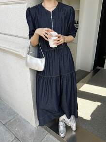 SHEIN Unity 女式秋季深牛仔蓝休闲通勤长款牛仔连衣裙，女式秋季服装，返校节服装，外出服装，商务休闲女装，哥特式女装 - 深色水洗藍 - 查看 6