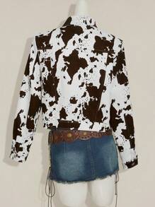SHEIN ICON Fall/Winter Women's Western Boho Cow Print Zip Front Cropped Long Sleeve Jacket - Multicolor - View 2