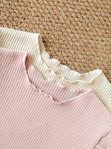 4pcs Young Girl Elegant Ribbed Knit Long Sleeve Top And Pants Casual Comfortable Underwear Set