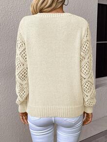 EMERY ROSE Casual Versatile Solid Color Hollow-Out Knit Patchwork Sweater In Fall/Winter - White - View 2