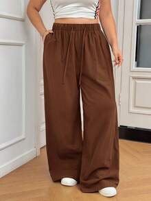 SHEIN EZwear Plus Size Women's Solid Color Drawstring Waist Wide Leg Casual Cotton Pants