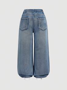 SHEIN MOD Quần jean ống rộng dáng rộng có túi đính đá cỡ lớn dành cho nữ - Rửa tối - Xem 2