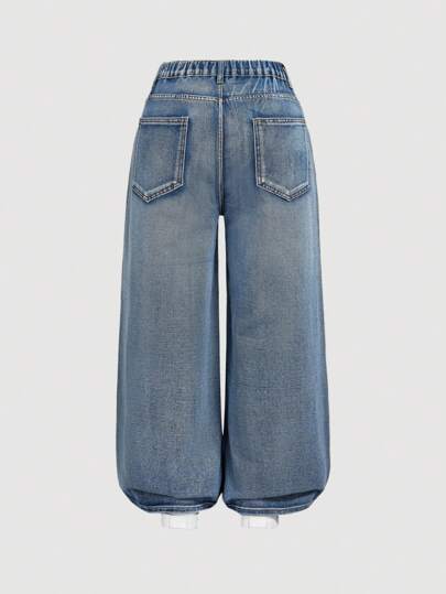 SHEIN MOD Quần jean ống rộng dáng rộng có túi đính đá cỡ lớn dành cho nữ