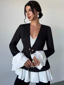 Firerie Damen eleganter, minimalistischer, anspruchsvoller Pendler-Blazer mit Metallschnalle in Taille-A-Linie, Schwarz-Weiß-Kontrast, figurbetont, Herbst/Winter - Schwarz und Weiss - Übersicht 4