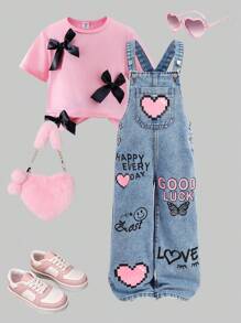 SHEIN 年轻女孩 Y2K 新款花卉心形彩虹涂鸦可爱印花时尚休闲柔软牛仔连体裤（不含 T 恤）、女孩宽松直筒牛仔裤连体裤、女孩秋冬装、返校返校节街头服饰