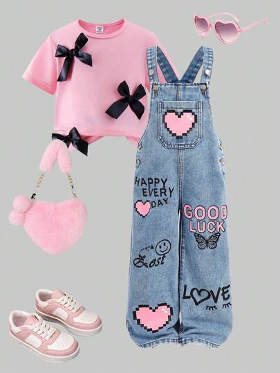 SHEIN Young Girl Y2K New Floral Heart Rainbow Graffiti Cute Print Fashion Casual Soft Denim Overall Jumpsuit Without Tee,Girls Baggy Straight Leg Jeans Overalls,Gilrs Fall Autumn Winter Clothes,Back To School Homecoming Streetwear Outfits, Girl Y2k Outfit, Girls Cute Set, 90s Kids Outfit, Cutesy Clothes, Kawaii Clothes