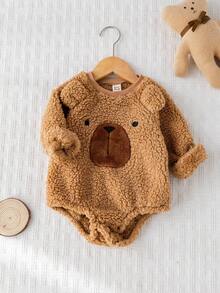 Cozy Pixies Body pentru bebeluși cu mânecă lungă, tricotat cu model de ursuleț de desene animate, moale, cu guler rotund, salopetă pentru bebeluși, salopetă pentru bebeluși, ursuleț de pluș, ținută maro pentru bebeluși, haine pentru bebeluși moca, salopetă sherpa pentru bebeluși, toamnă-iarnă - Cămilă - Vizualizare 5