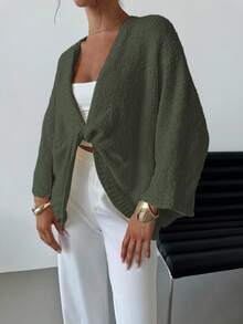 EURMUSE Women's Crossed V-Neck Loose Elegant Minimalist Sweater - Army Green - View 7