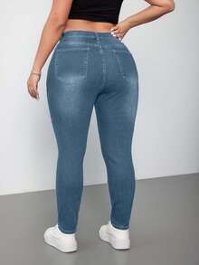 EURMUSE Plus Size Medium Wash Blue High Stretch Skinny Distressed Sexy Denim Jeans - Blue - View 2