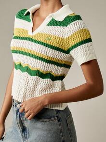MISSGUIDED Retro Crochet Knit Polo Top Vintage Inspired Cropped Length Striped Pattern Collared Summer Spring Fashion Y2K Style