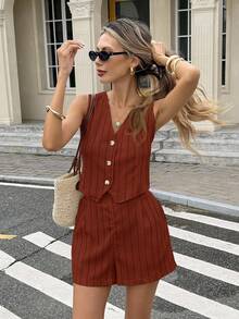 Serisse 女士秋冬条纹单排扣背心短裤套装