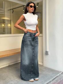 EURMUSE 100% Cotton WOMEN MID WAIST MAXI SKIRT - Dusty Blue - View 3