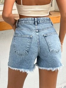 SHEIN Cottnline 100%Cotton Rigid, Low Waist, Destroyed Short - Light Wash - View 2